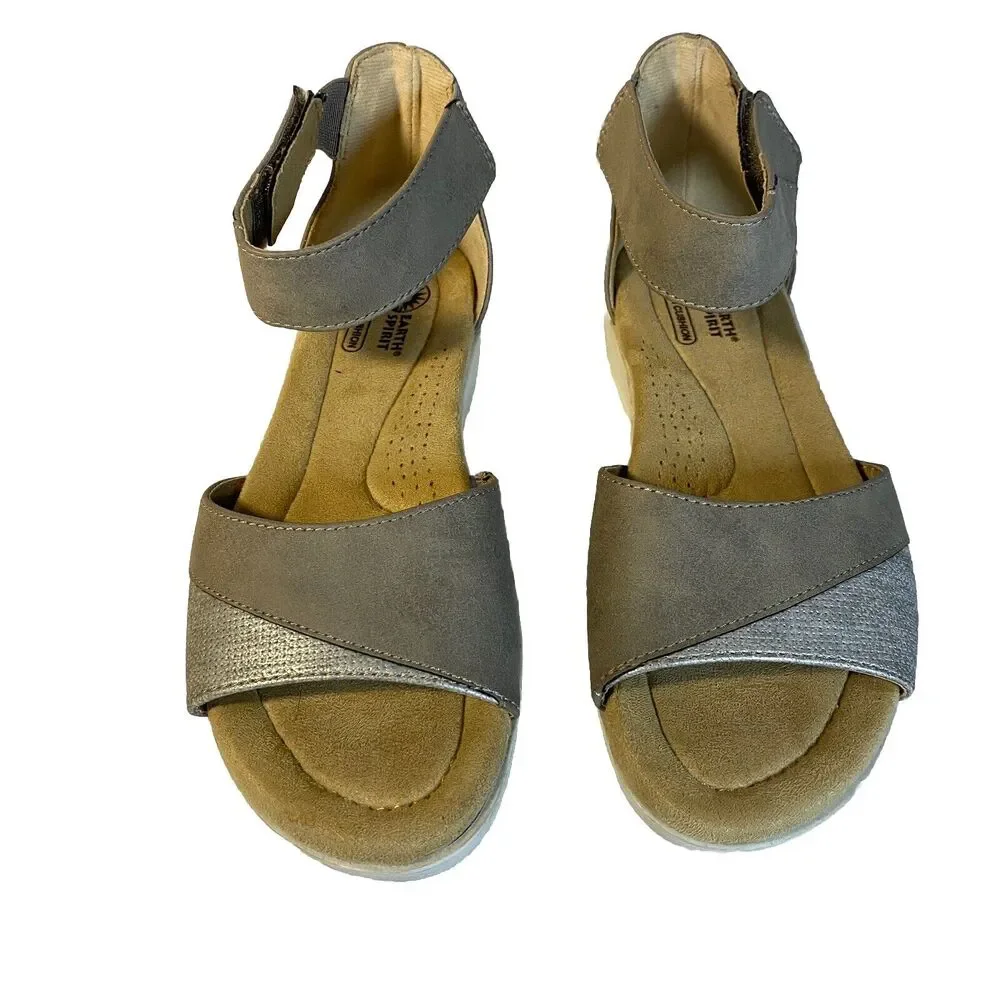 Earth Spirit Sandals 7 Taupe Silver Metallic‎ Comfort Wedge Ankle Strap Vacation